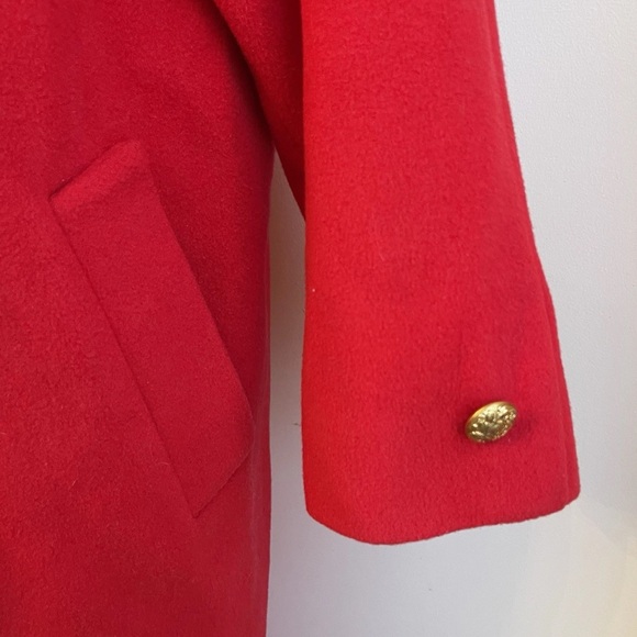 Vintage 80s London Fog Red Wool Long Coat Black Velvet Collar Gold Button 10 P - Picture 2 of 9